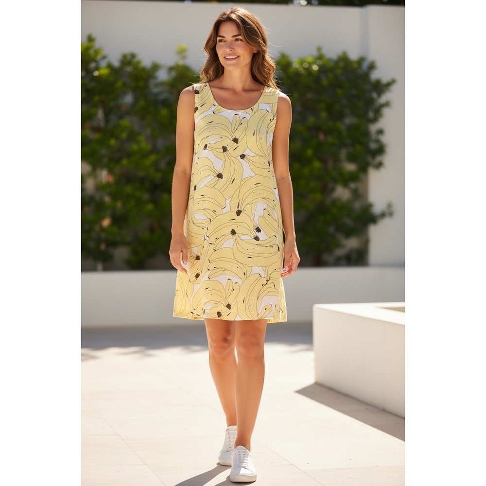 Island Company Classic Shift Dress Linen Banana resortwear whimsical tropical Lg